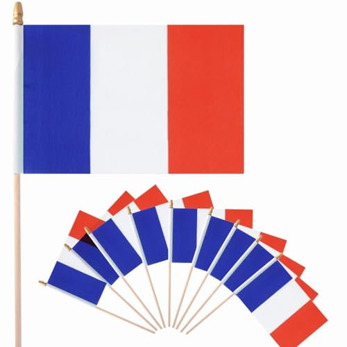 Bâton en Bois - 10 Pièces Petit Drapeau France Banniere Drapeau Francais à Manivelle Fanions pour Fête Festival Celebration Anniversaire Mariage Decoration Ecole Jardin Bleu Blanc Rouge