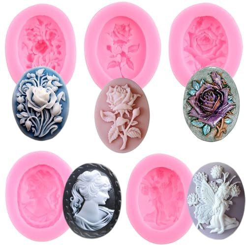 RFGHAC Lot de 5 moules en silicone en forme de camée en forme de fleur de rose pour décoration de gâteaux, pâte à sucre, pâte polymère ZB125CK