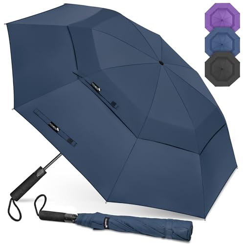 ZOMAKE Compacto Paraguas Golf 62 Pulgadas,Paraguas Plegable Grande Resistente con Doble Toldo Venteado Impermeable,Umbrella Antiviento Automatico para Hombre Mujer(Azul Zafiro)