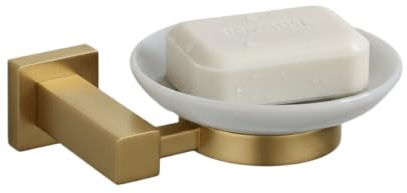 Go Bathrooms Froma Gold Soap Dish with Round Ceramic Tray Wall Mounted Solid Brass Holder Ceramic Soap Dish Holder Brushed Gold Finish Premium Solid Brass Construction