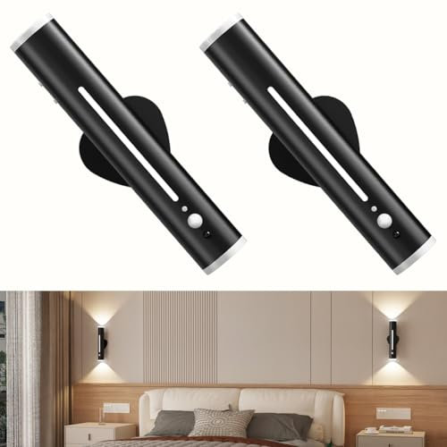 bravzurg 2 Stück Wandlamp Innen Ohne Stromanschluss, LED Akku Wandleuchte Kabellose mit Bewegungsmelder, Magnet Metall Fernbedienung, Wandlicht Batterie für Schlafzimmer Aussen Treppenbeleuchtung