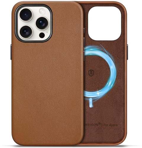 SHIELDON Case for iPhone 15 Pro Max 6.7, Genuine Leather Magnetic Wireless Charging Case [Anti-Scratch][Non-Slip Grip] Shockproof Slim Fit Phone Cover Compatible with iPhone 15 Pro Max - Saddle Brown