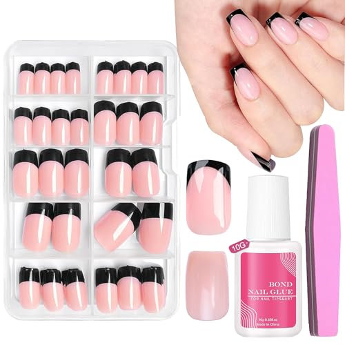 Fake Nails French Tip - Black French Tip False Nails with Glue - 240PCS Medium Acrylic Press on Nails - Full Cover Square Stick on Nails - French Manicure False Nails Kit for Women