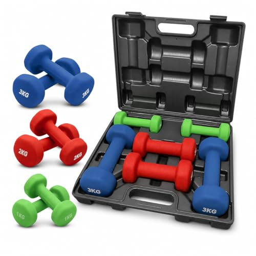 12kg Neoprene Dumbbell Set Rubber Vinyl Hand Weight Aerobic Exercise Set with Carry Case | Ladies Arm Hand Weights | Exercise Dumbbell For Home Gym With Carry Case Multicolour
