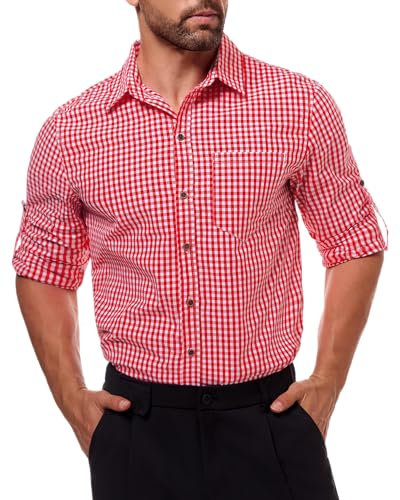 NANAMEEI Mens Gingham Check Shirt Long Sleeve Oktoberfest Shirts Plaid Shirt 3XL Red
