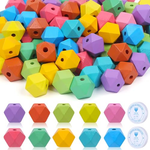 FIVAVA Holzperlen 100stk Bunte Holz Perlen 16mm Perlen Gemischte Holzkugeln mit Loch Bastelnperlen für Handgefertigte Halsketten, Armbänder, Ohrringe und DIY mit 2 Elastischen Schnüren