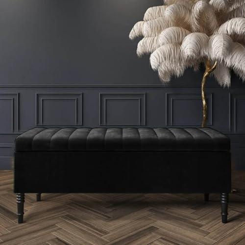 Safar Striped Ottoman Storage Bench, End of Bed Bench with Legs, Entryway Bench with Storage, Shoe Storage Ottoman Box, Rectangle Storage Footstool (Black Velvet, 4ft (120x40x50)CM)