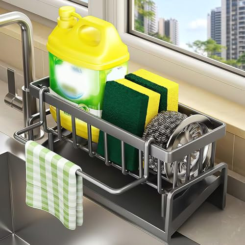 MIHURO Spülbecken Organizer Küchen Organizer Spüle Edelstahl mit Selbstentleerender Ablaufwanne, Sink Organizer für Schwämme Handtücher Geschirrtücher Bürsten,Organizer für Küche und Badezimmer