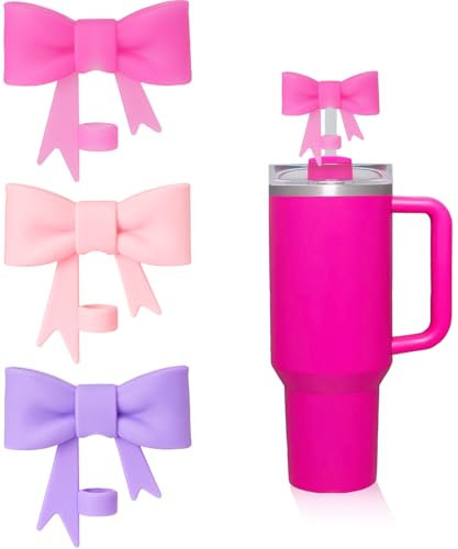 DEWJDFSC Bow Straw Cover for Stanley Cup,10mm (0.4inch) Cute Silicone Straw Topper for 40Oz&30Oz, Reusable Accessories Cap for Tumblers, Pink, Hot Pink, Purple,3Pc/1