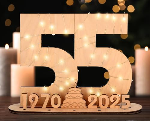 Giftota 2025 Originelle 55 Geburtstag Geschenk Frauen & Männer - Geldgeschenke Geburtstag 55 mit LED-Lichterketten - Dekorationen aus Holz - 55 Holz-Schild Gästebuch - Personalisierbares Geschenk