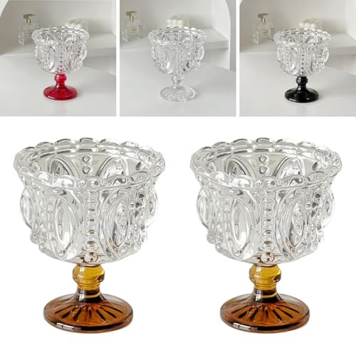 Boxonly Embossed Crystal Dessert Glasses Set of 2 - Amber Footed Goblet, 250ml Retro Ice Cream & Sweet Dish, 4.7x3.9 / 12cmx10cm Lead-Free Glass