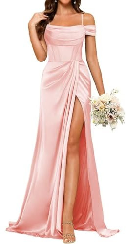 YIANN Robe de demoiselle d'honneur en satin avec fente et col bénitier et bretelles spaghetti pour femme, rose, 36