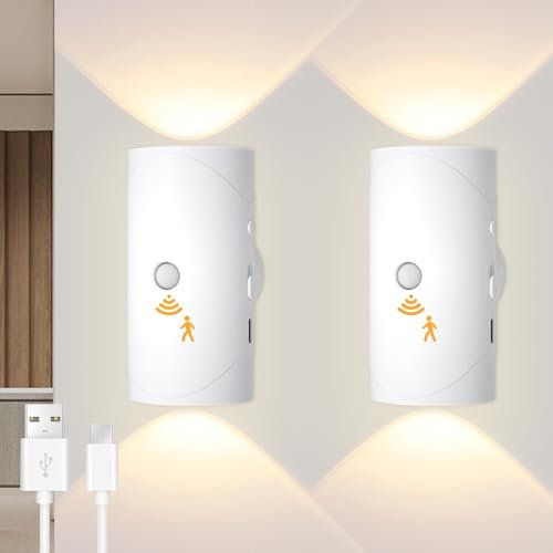 Battery Operated LED Wall Light with Motion Sensor Warm White, Rechargeable Stick-On Magnetic Wall Mounted Light, Cordless USB Glowlight, Up Down Wall Lamp for Bedroom, Bedsides, Bathroom, Pack of 2