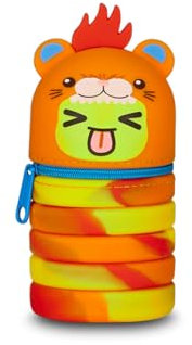 Mitama erweiterbare Silikontasche, 2 in 1 Federmäppchen und Tischstiftehalter, Schultasche, Mäppchen, mit Reißverschluss, Faltbare Stiftetasche, orange mit Tiger