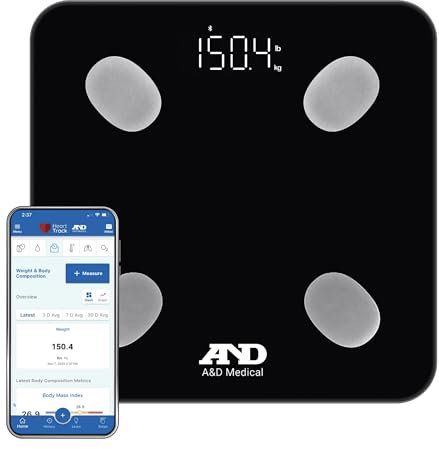 A&D Medical Bilancia intelligente per peso corporeo, UC-450BLE, bilancia Bluetooth per grasso corporeo, con BMI, composizione corporea, bilancia digitale da bagno, traccia 7 dati biometrici