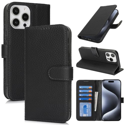 Zouzt Leather Wallet Case for iPhone 15 Pro, 4 Card Slot, Black | Genuine Leather, Card Holder, Shockproof TPU Shell, Magnetic Closure, Protective Flip Folio Phone Cover, For Women Men