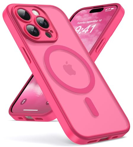 Oududianzi - Magnétique Coque pour iPhone 15 Pro Magsafe Case,Rose Rouge | Housse de Arrière Translucide Givrée PC, TPU Silicone Bumper Étui Protection Antichoc Militaire Anti-Empreintes