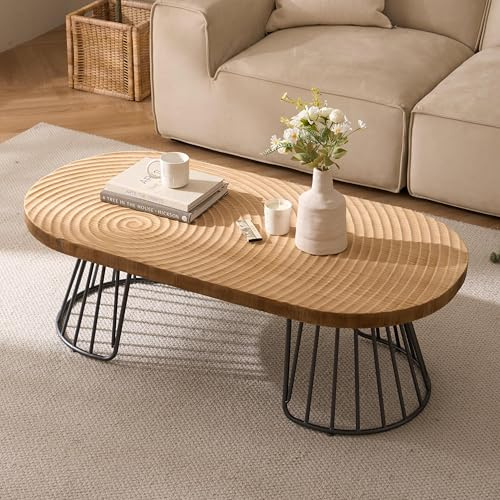 Cagnolier Couchtisch, Quadratischer Wohnzimmertisch aus Holz in Form eines Jahresrades, Coffee Table mit schwarzen Metallbeinen, Sofatisch im Wohnzimmer, Hellbraun Couchtisch ø120×60cm