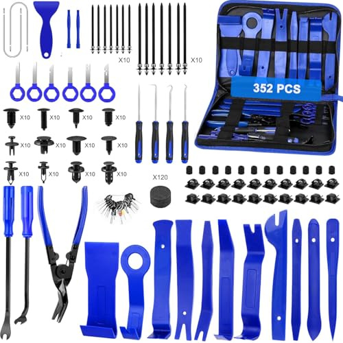 HomeVC 352Pcs Trim Removal Tool, Car Panel Door Audio Radio Stereo Removal Tools, Auto Push Pin Bumper Retainer Clip Set, Plastic Pry Tool Set with Storage Bag, Blue