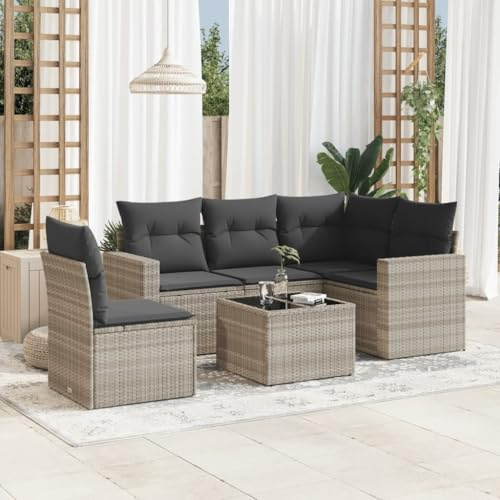 QJBSAVVA 6-Teiliges Gartensofa Set Poly Rattan Lounge Eckbank mit Ecksofa Mittelsofa Armlehnen Sofa Glas Tisch Stauraum waschbare Kissen Hellgrau Modern und Robust für Balkon Terrasse Garten