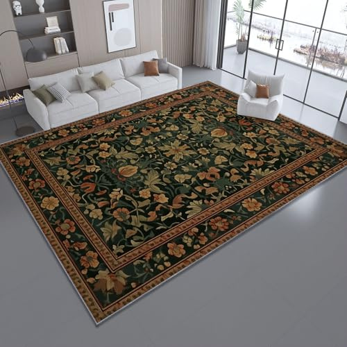 Rechteckiger Läufer Teppich 80x150 cm – Vintage William Morris Blumenmuster, rutschfest, Waschbar, Kurzflor Vorleger für Flur, Küche, Schlafzimmer, Wohnzimmer – Dunkelgrün