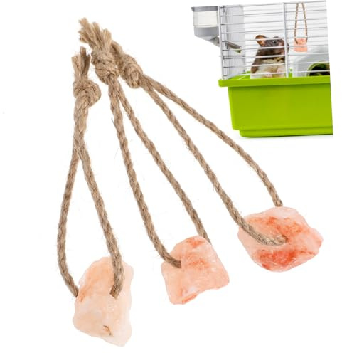 VICASKY 3 Stück Teiliges Pet Training Kauspielzeug mit Mineralstoff salzblöcken für Kleintiere Langlebig und Sicher mit Praktischem Hanfseil für Nager Wie Kaninchen Eichhörnchen und