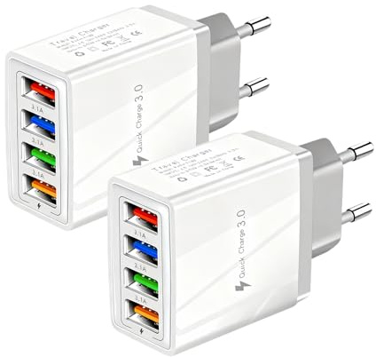 2 Pack USB Ladegerät Mehrfach, 4-Port USB-Mehrfachstecker mit 33W Smart QC 3.0 Schnellladegerät, Ladestecker kompatibel mit iPhone 17 16 15, kompatibel mit Samsung S24/S23/S22/S21