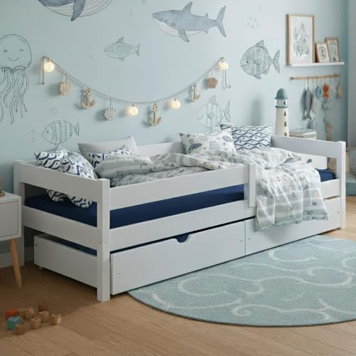 MEBLE WRÓBEL Kinderbett 90x200 cm mit 2 Schublade, Rausfallschutz und Lattenrost - Kinder Bett Montessori - Jugendbet aus Kiefer Massivholz in Weiß - Einzelbett ohne Matratze