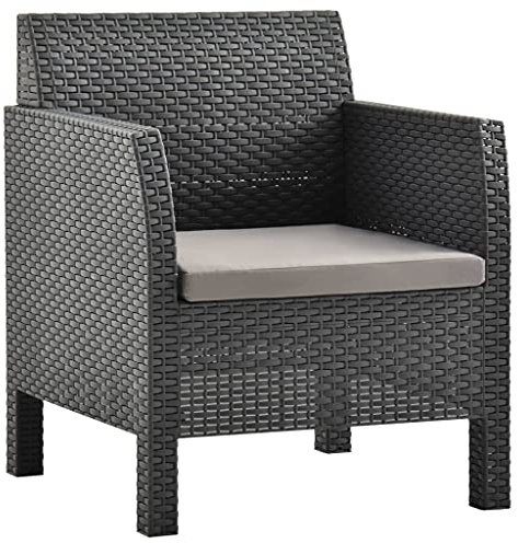 Holamys Gartenstuhl Anthrazit mit Kissen, 63x65x76 cm, PP Rattan-Optik, UV-beständig, bequemer Balkonstuhl für Terrasse und Garten