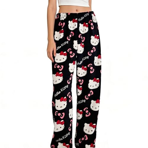 NEUNEL Pantalon de pyjama anime femme - Noir et rose - Taille élastique - Confortable - XL
