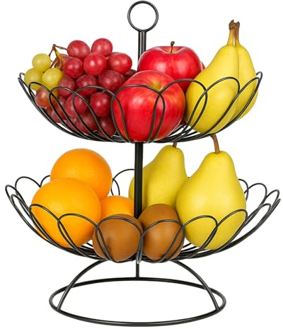 GREENSAPPIRE 2‑Tier Large Metal Fruit Bowl, Hollowed-Out Drainage Design, Black Fruit Basket Stand for Kitchen Countertop, Dining Table, Vegetables Storage Holder