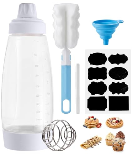 33oz Hand Batter Dispenser, Happybase 1000ML Pancake Batter Mixer Bottle with Stainless Steel Stirring Ball for Cupcake Crepe Batter