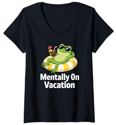 Mujer Mentalmente De Vacaciones Rana Divertido Verano Tropical Camiseta Cuello V