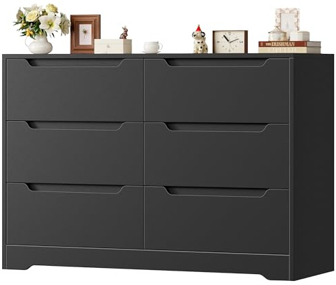 HOCSOK Kommode Schwarz mit 6 Schubladen, Sideboard Holz (108x82,5x39 cm), Moderner Schubladenschrank Großes mit Griffmulden & Kippschutz, Mehrzweckschrank für Schlafzimmer, Wohnzimmer & Flur