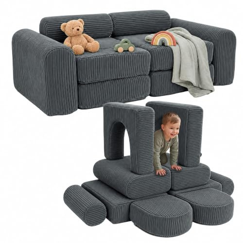 Relaxdays Kinder-Spielsofa, modular, 10-TLG., weiche Bausteine, grau | Kindercouch, Cord, HBT: 32x108x50 cm, Spielcouch