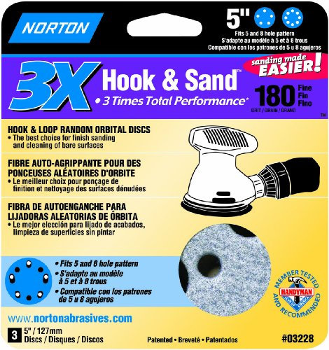 Norton 03228 3X Hook and Sand 180 Grit Universal Vac Hole dischi abrasivi, 12,7 cm, confezione da 3
