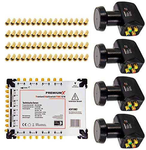 Premium X Multischalter Set 17/16 Multiswitch 4X Quattro LNB 64x F-Stecker, Satverteiler 4 SAT für 16 Teilnehmer HDTV FullHD 4K UHD 8K