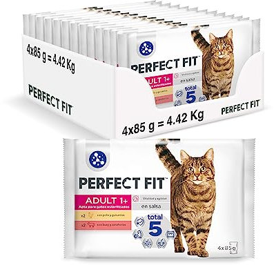 PERFECT FIT Repas pour Chat Adulte Stérilisé - 52 Sachets Fraîcheur (Lot de 13 Packs 4x85g) - Pâtée pour Chat en Sauce - Poulet / Boeuf - Nourriture Complète & Equilibrée - Vitalité & Agilité