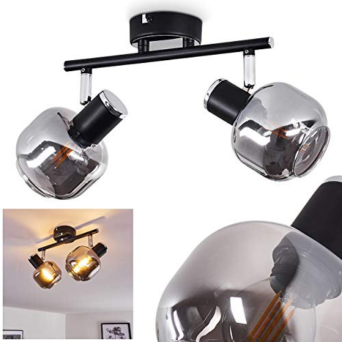 Deckenleuchte Lexington, Deckenlampe aus Metall/Glas in Schwarz/Chrom/Rauchglas, 2-flammig mit verstellbaren Strahlern, 2 x E14-Fassung, Deckenspot im Retro-Design, ohne Leuchtmittel