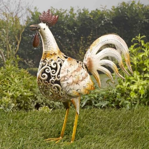 Garden Mile Lampe solaire LED, coq et poules, avec effet cuivre-bronze, silhouette en métal, sculptures d'animaux de jardin, éclairage LED, ornements de jardin époustouflants, décoration (poulets)