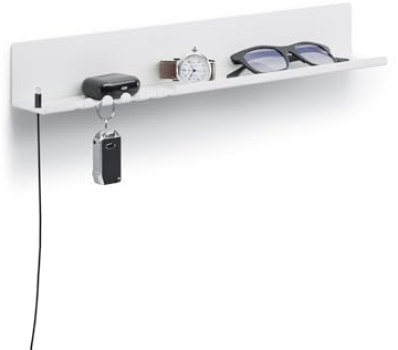 byde Helke Wandregal 44 x 6 x 6 cm 5 Haken und Kabelhalter, Hängeregal aus pulverbeschichtetem Stahlblech, Schlüsselbrett Organizer und Briefe für Eingang, Küche, Büro, Weiße Farbe