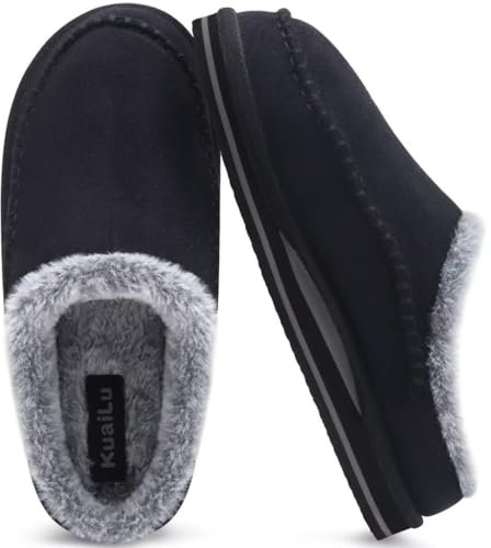 KuaiLu Hausschuhe Herren Memory-Schaum aus Warme Bequeme Plüsch Futter Männer Clog Pantoffeln Handgemachte Stitch Suede Slip-On Kuschelschuhe mit Komfort stützend Drinnen Draussen Schwarz Größe 46