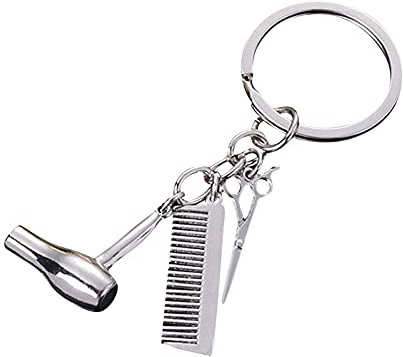 Mode Schlüsselanhänger für Frauen Friseur Auto Shlüsselanhänger Persönlichkeit Abschlussgeschenk Haartrockner,Schere, Kamm 3 In 1 Schlüsselanhänger Personalisiert Auto Frauen Key Chain (Silber)