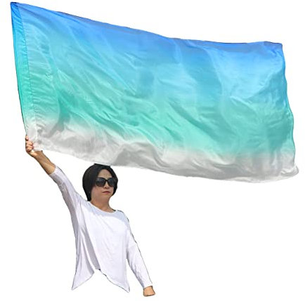 Winged Sirenny 180cm Handgefertigt Tanzflagge mit flexiblem Stab, Leichte Seidenfahne Rechteckig Spielseide (weiß-pfau-blau-türkis-blau)