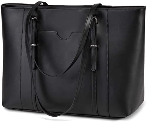 VASCHY Laptop Tote Bag for Women, PU Leather Water Resistant Handbag for Travel, Work, School Teacher Shoulder Bag Fits 15.6 inch Laptop (Black)