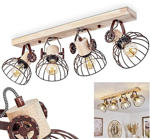 Deckenleuchte Orny, Deckenlampe im Vintage-Design aus Holz/Metall in Natur/Rostfarben m. Schirmen in Gitter-Optik und Holzbalken, Textilkabeln u. verstellbaren Strahlern, 4 x E27, ohne Leuchtmittel