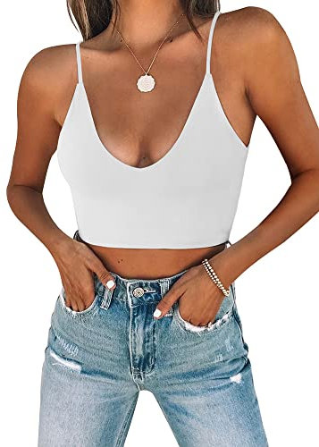 REORIA Damen Sommer Sexy U-Ausschnitt Ärmellos Cropped Cami Camisoles Grundlegende Passform Verstellbare Spaghettiträger Nahtloses Yoga Tank Top Niedliche Crop Tops für Teenager Weiß Groß