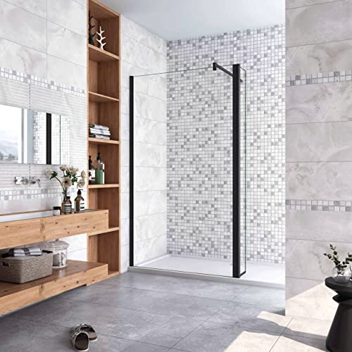 Walk in Doccia 140x200cm Due Pareti (100+40) cm Vetro 8mm Barra 90cm | Anticalcare, Trasparente Vetro Temperato, Telaio Nero Opaco