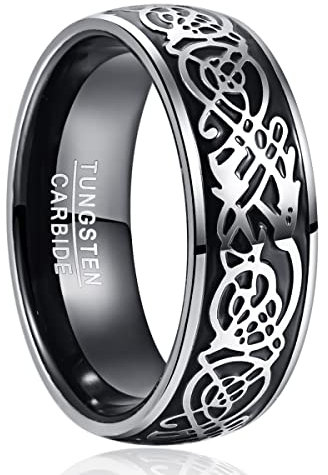 NUNCAD Wolfram Ringe Schwarz Ring für Herren mit Drachenmuster Dreidimensional Edelstahl 8mm Verlobungsring Größe 62 (19.7)