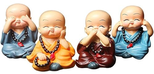 Süße Mönch-Statue, Hear No Evil See No Evil Speak No Evil Do No Evil Statue, 4 Stück chinesische buddhistische Mönchfigur, Heim-Auto-Dekoration